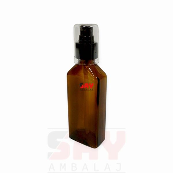 Siyah Plastik Losyon Pompalı Amber Yassı 100cc 25PP Cam Şişe