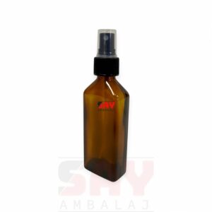 Siyah Plastik Sprey Kapaklı Amber Yassı 100cc 25PP Cam Şişe