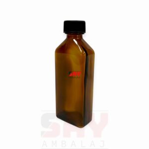 Siyah Plastik Kapaklı Amber Yassı 100cc 25PP Cam Şişe