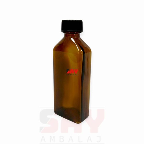 Siyah Plastik Kapaklı Amber Yassı 100cc 25PP Cam Şişe