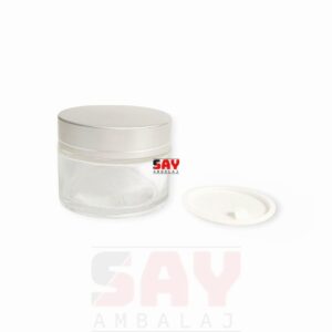 50 cc Gümüş  Kapaklı Şeffaf  Cam Krem Kavanozu 52mm - 50cc, Şeffaf