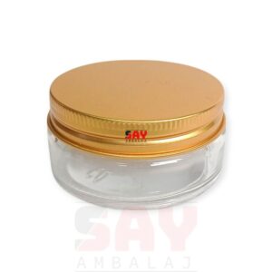 Şeffaf Yassı CAM Krem Kavanozu Gold Kapaklı 63 mm