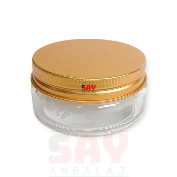 Şeffaf Yassı CAM Krem Kavanozu Gold Kapaklı 63 mm