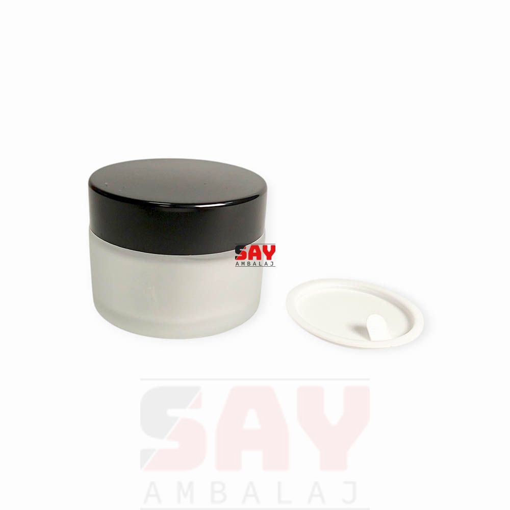 50 CC Buzlu Cam Krem Kavanozu Siyah Kapaklı 52 mm