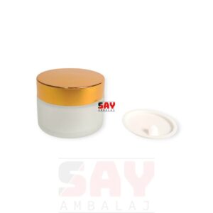 Buzlu Cam Krem Kavanozu Aynalı Gold Kapak 52 mm