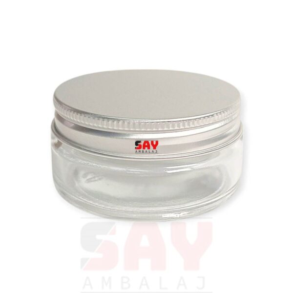 Şeffaf Yassı CAM Krem Kavanozu Gümüş Kapaklı 50cc 63 mm
